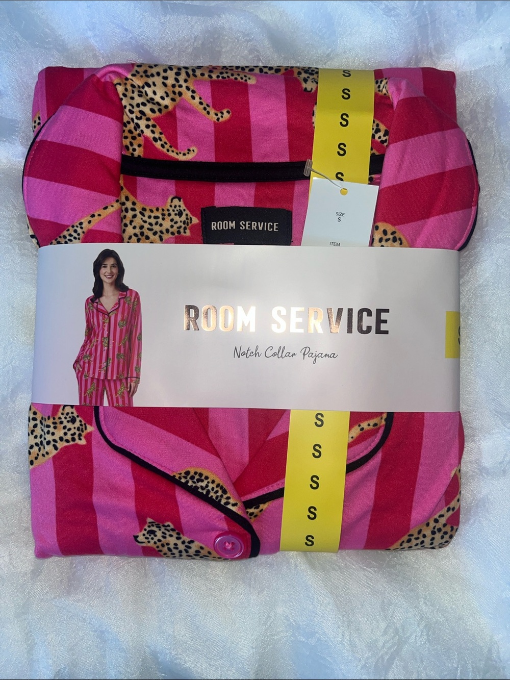 Room Service Pink Stripe & Leopard Notch Collar Pajama Set